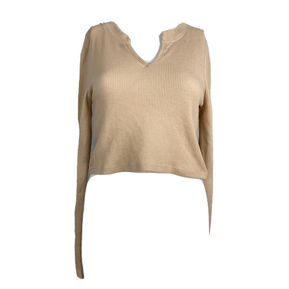 NWT PacSun Shirt Womens Sz M Basics Beige Thermal Long Sleeve V‎ Neck Crop Top